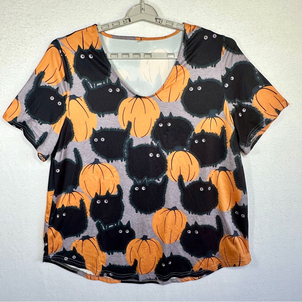 Halloween Novelty Top Womens 2X Orange Black Cats Pumpkins Short Sleeve Stretch